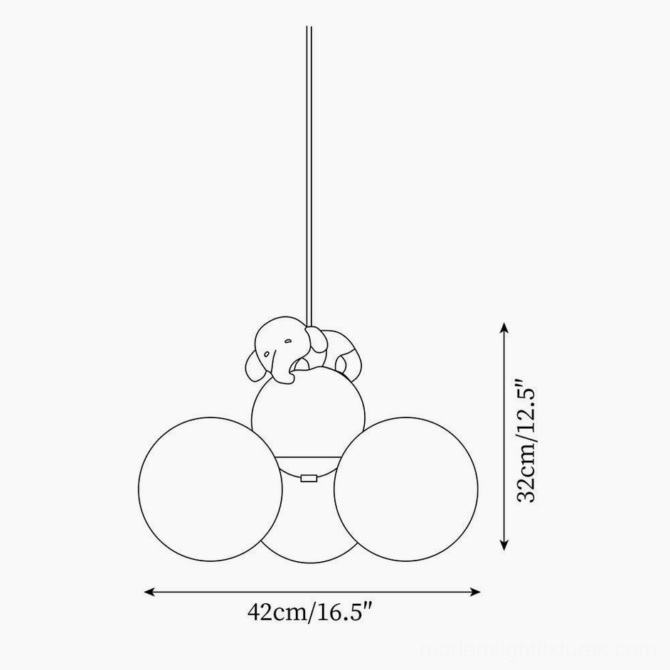 Elephant-themed pendant light design blueprint with frosted glass shades and animal ornament