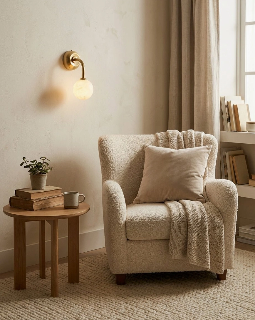 Reading nook corner with Elio alabaster wall sconce above cozy armchair in warm neutral boho interior