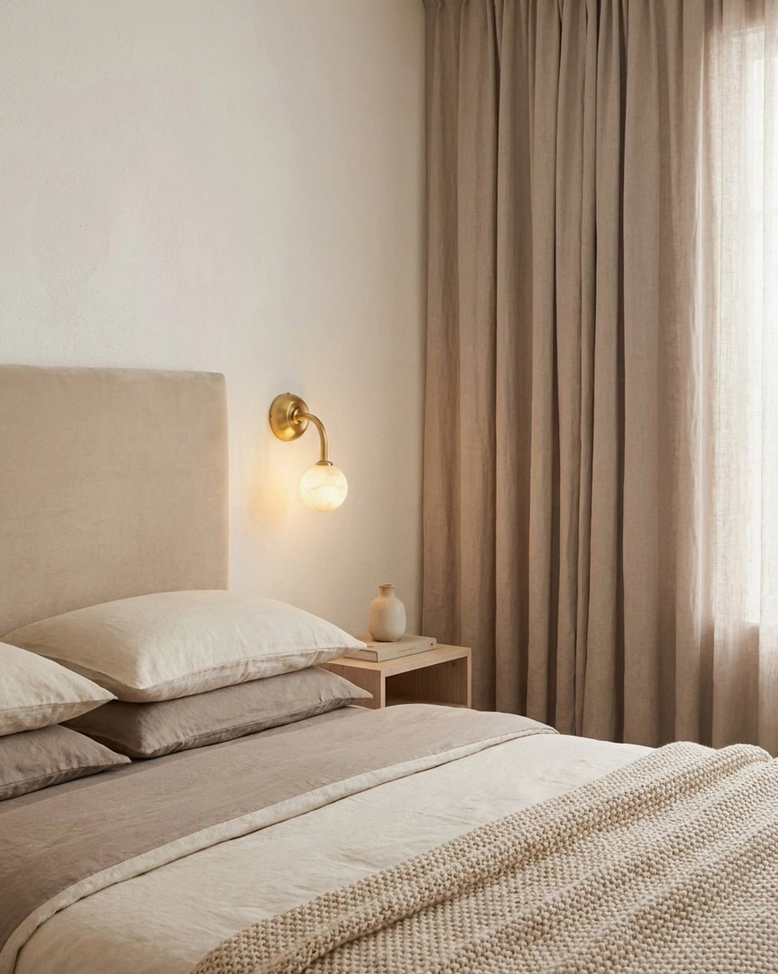 Master bedroom bedside Elio sconce with soft glowing marble globe beside neutral tone bed and wooden furniture