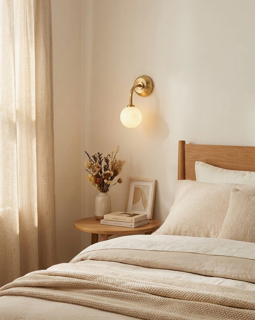 Bedroom bedside Elio wall sconce with warm ambient light glowing through alabaster globe above wooden side table