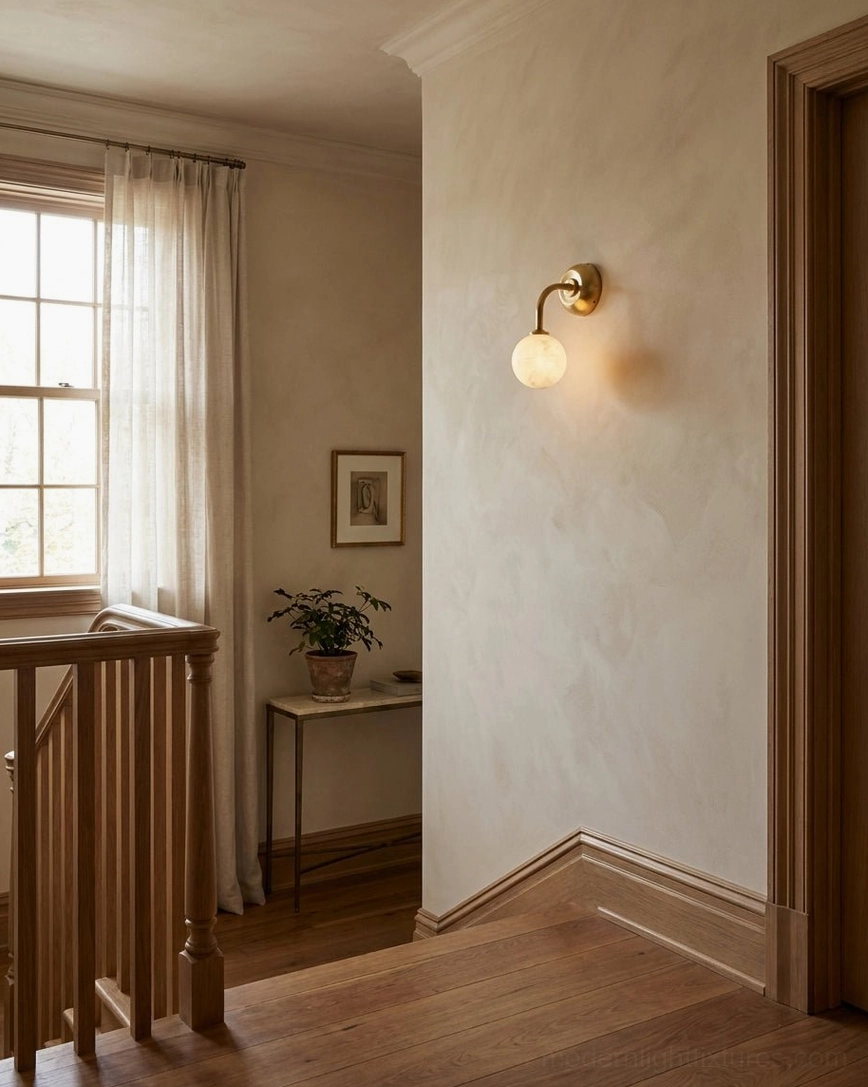 Residential hallway with compact Elio alabaster globe sconce on neutral wall above transitional decor