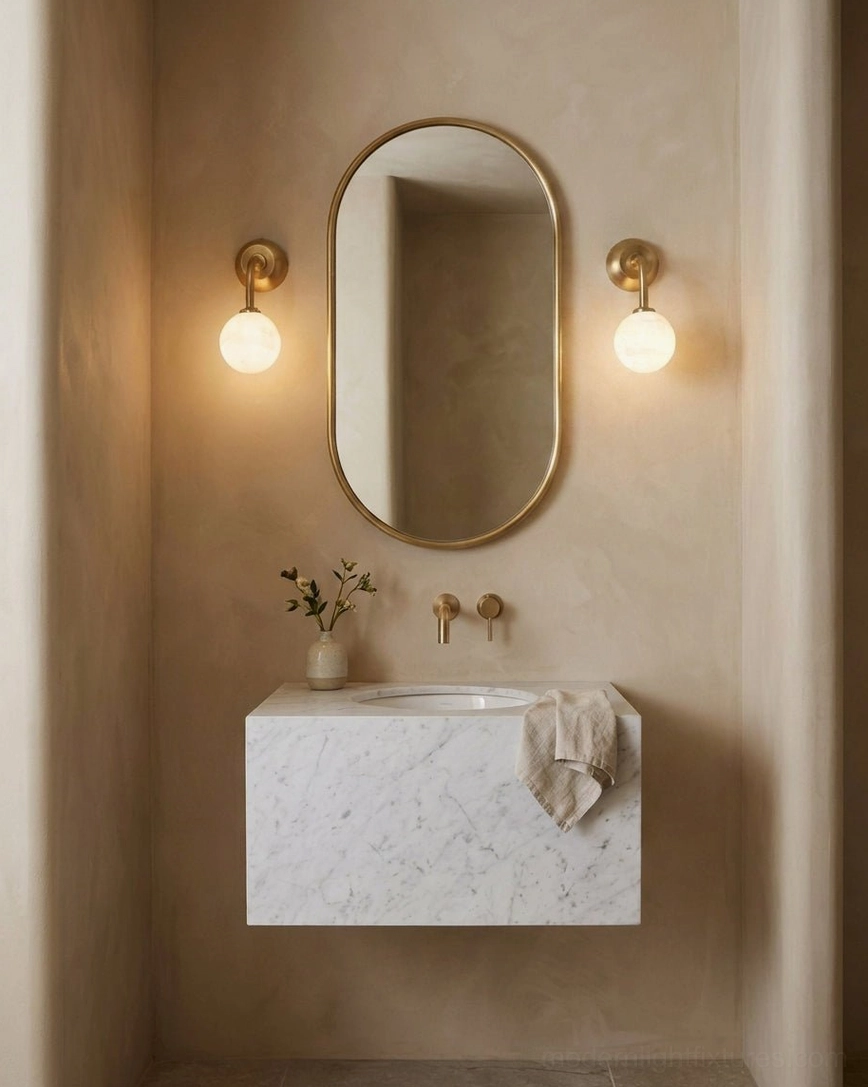 Elio aged brass wall sconce showing curved arm and round backplate architectural detail photography
