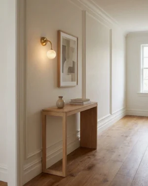 Modern hallway interior with console table and Elio brass wall sconce in neutral minimalist setting
