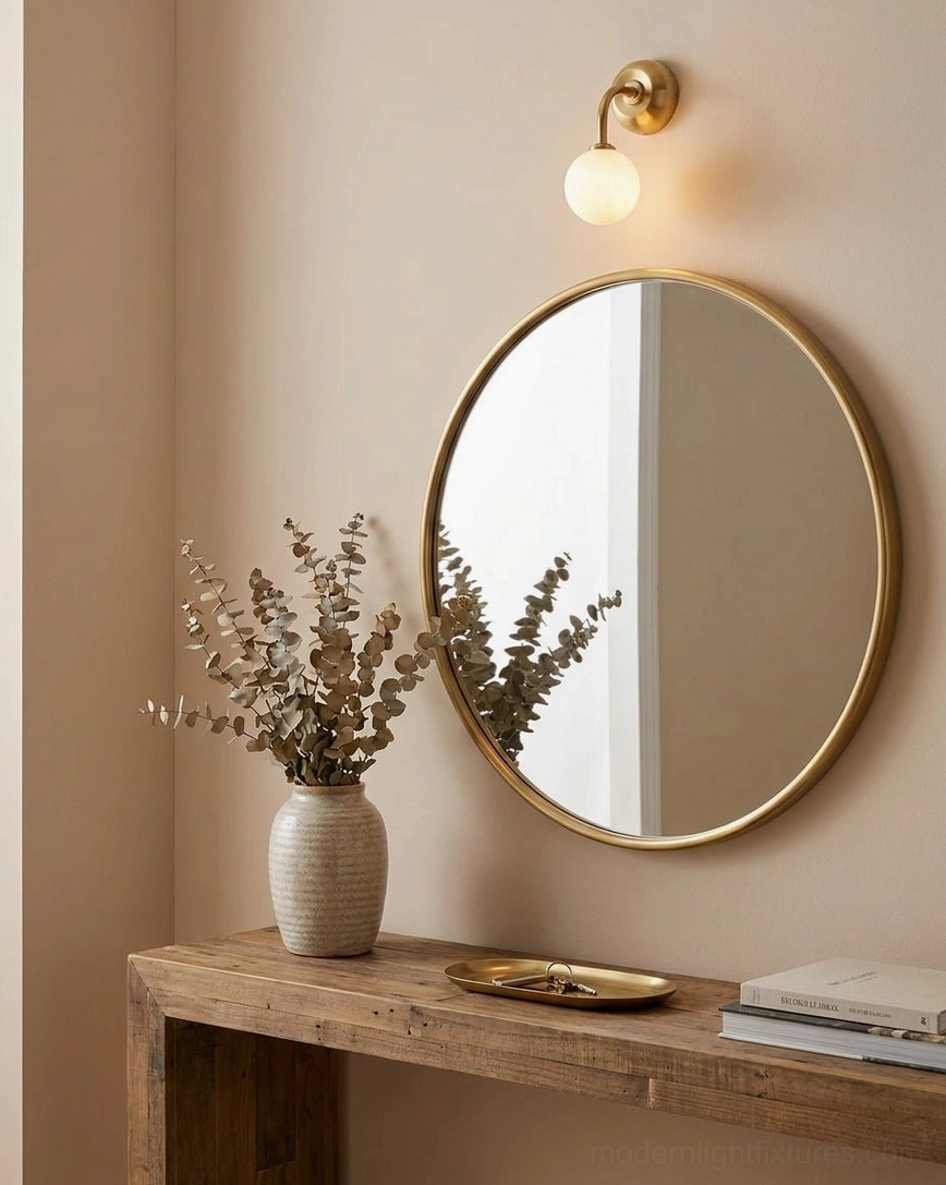 Vanity mirror wall sconce installation of Elio fixture flanking round gold mirror in bathroom setting