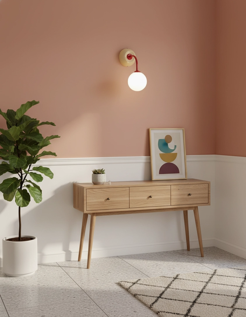 Elio wall sconce in modern entryway and console area on soft pink accent wall