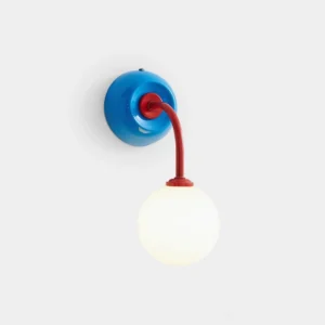 Elio retro globe wall sconce with red curved arm and frosted white glass shade on plain background