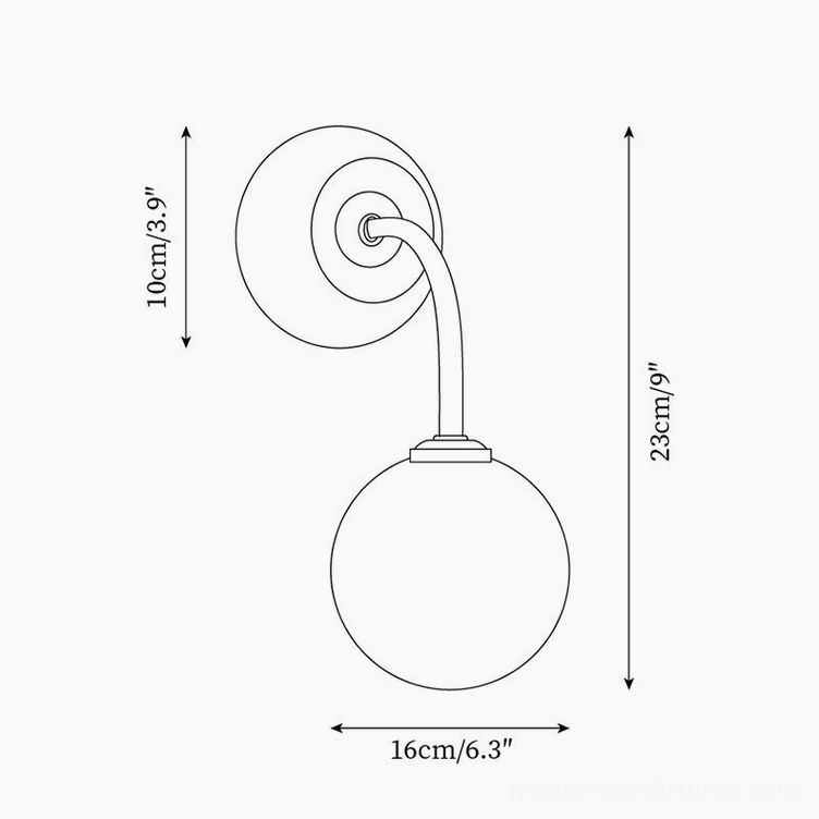 Elio wall sconce technical drawing with orthographic dimensions and size specifications