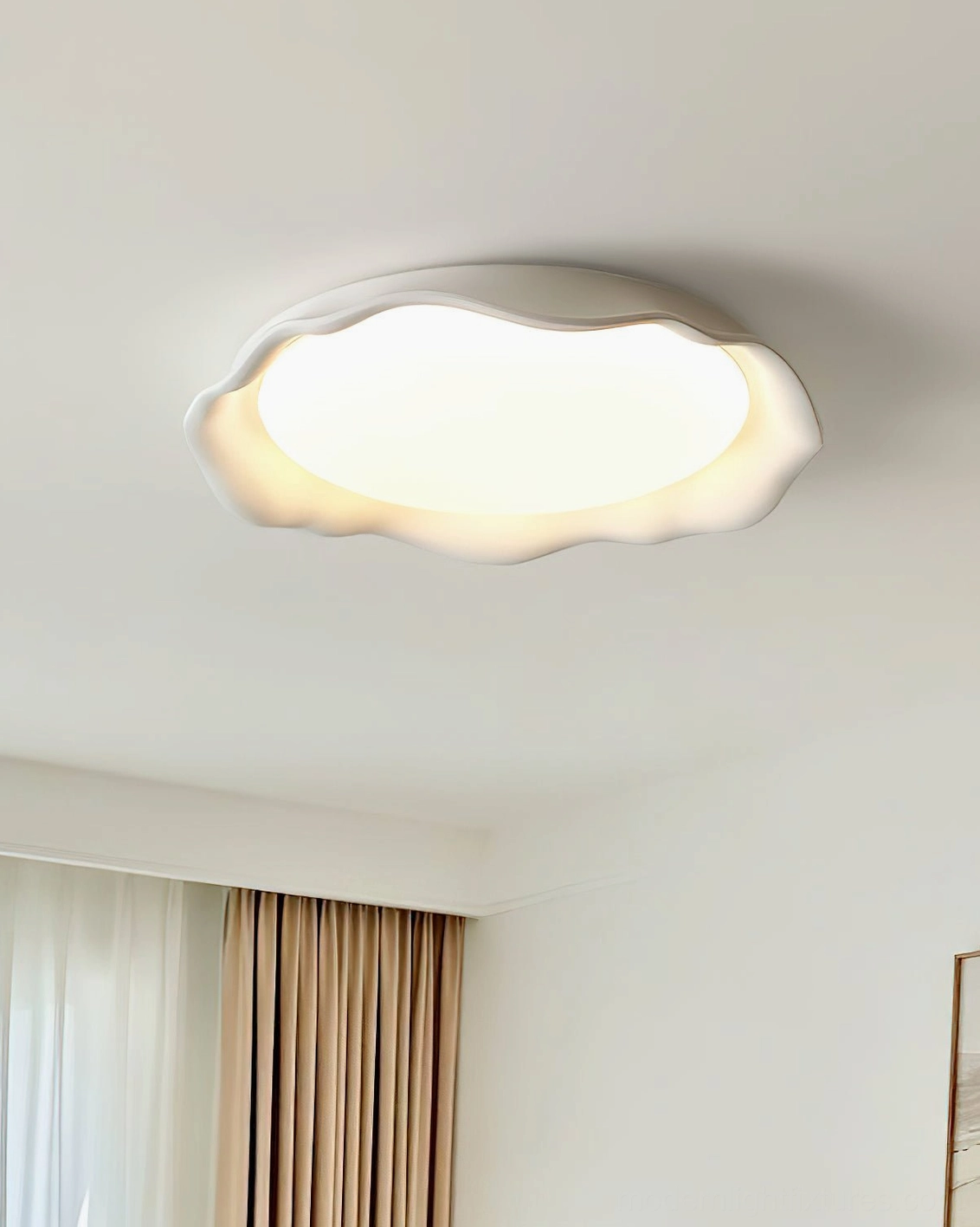 Elio modern flush-mount ceiling lamp with wavy edge, minimalist design, low-angle ceiling view in residential room with curtains