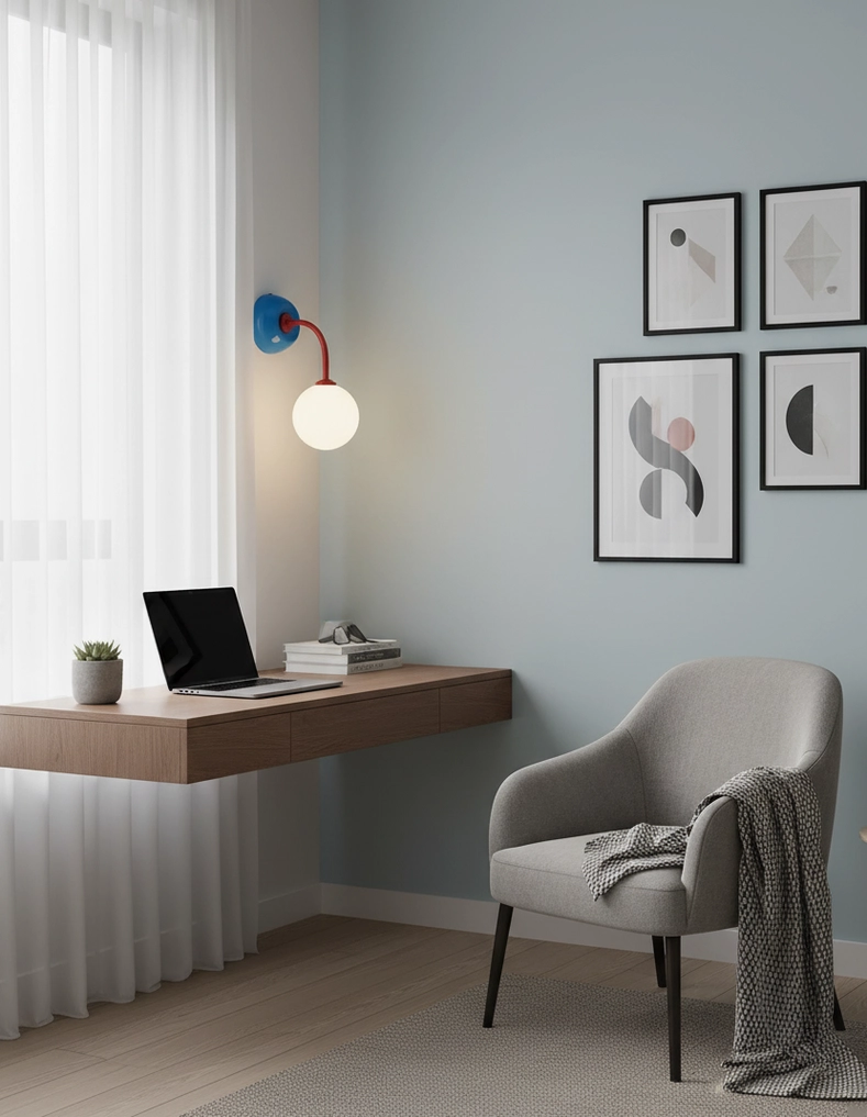 Elio retro modern wall sconce showing curved arm design and color contrast detail