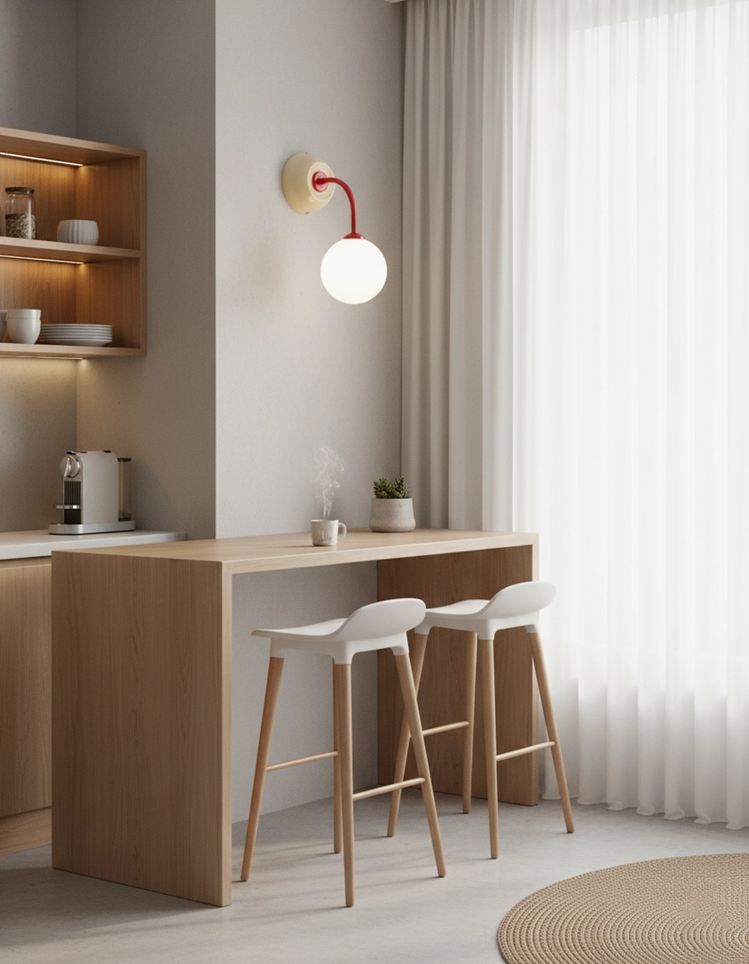 Elio beige wall sconce providing warm lighting in casual home dining and kitchen nook