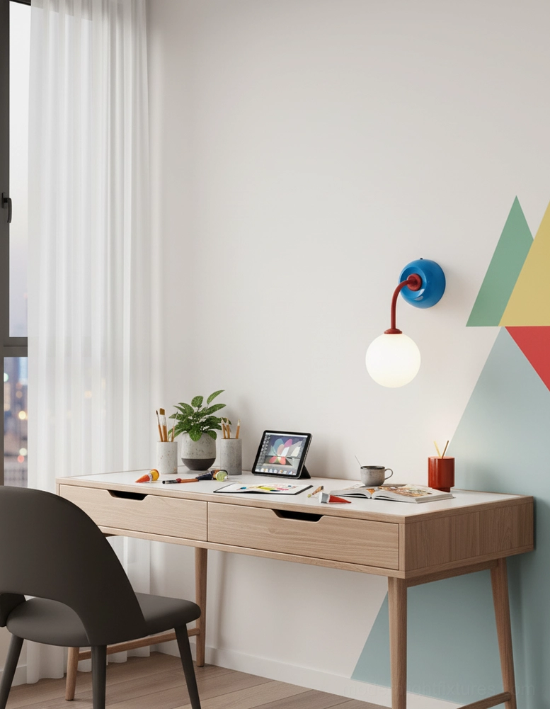 Elio globe wall lamp installed in minimalist home office on geometric accent wall