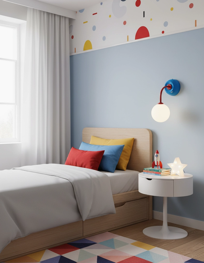 Elio blue base wall sconce installed in playful children's bedroom above blue accent wall