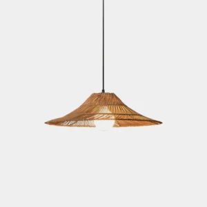 Elisa natural rattan pendant lamp with wide conical shade, front low-angle view showing intricate woven texture and warm brown color