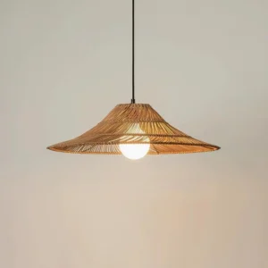 Rattan ceiling pendant light with black hanging cord, medium distance view displaying layered weave pattern and diffused lighting quality