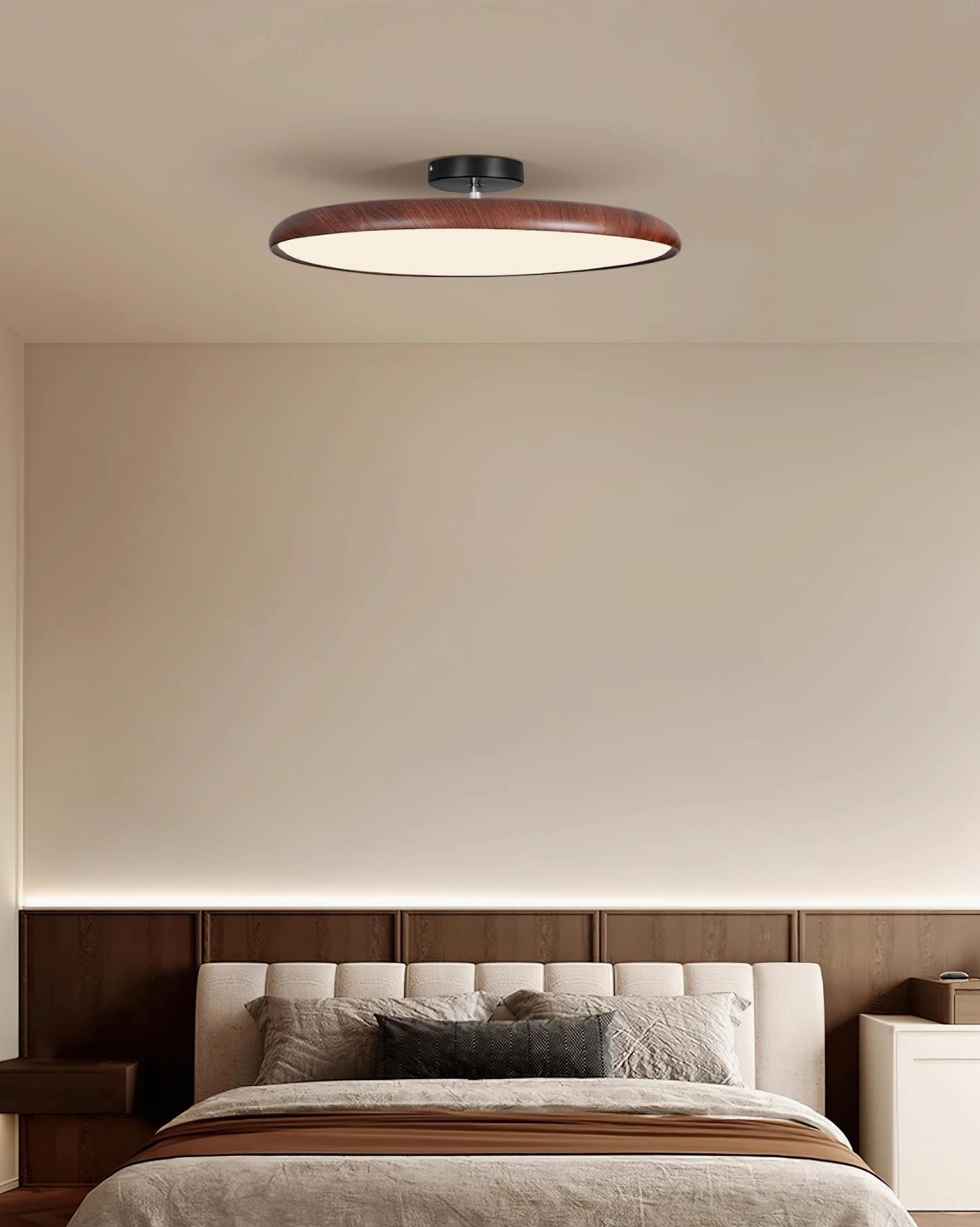 Ellos 50cm ceiling light in bedroom providing ambient warm white illumination