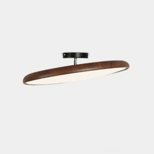 Ellos flush mount ceiling light with walnut wood-grain finish and black canopy on white background