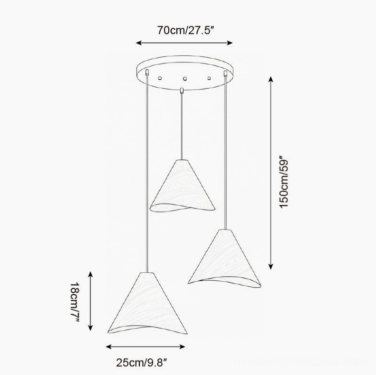 Three-head wooden cone pendant light ceiling installation schematic top-down orthographic drawing with dimension parameters