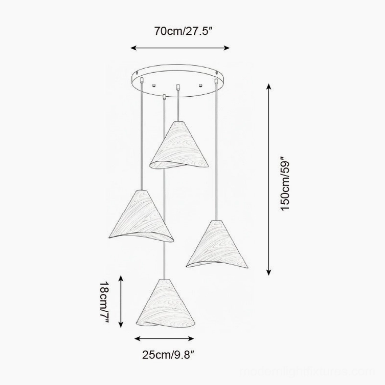 Four-head wooden cone pendant light multi-pendant ceiling lamp installation drawing top-down orthographic view