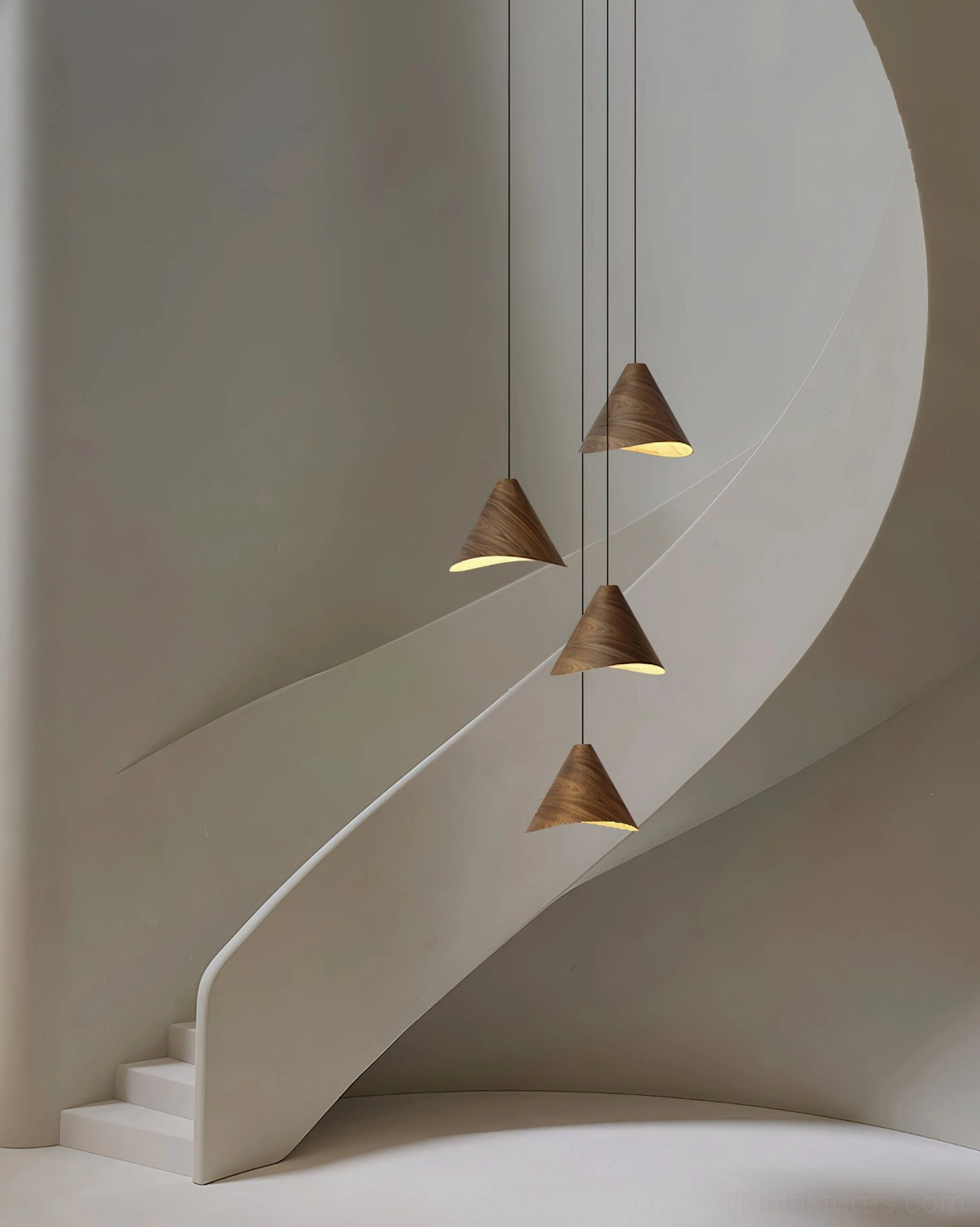 Four-head wooden cone pendant light installation in spiral stairwell with minimalist warm ambient lighting