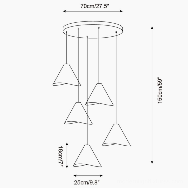 Six-head cascading wooden cone pendant light ceiling installation schematic marking fixture dimensions and hanging specifications
