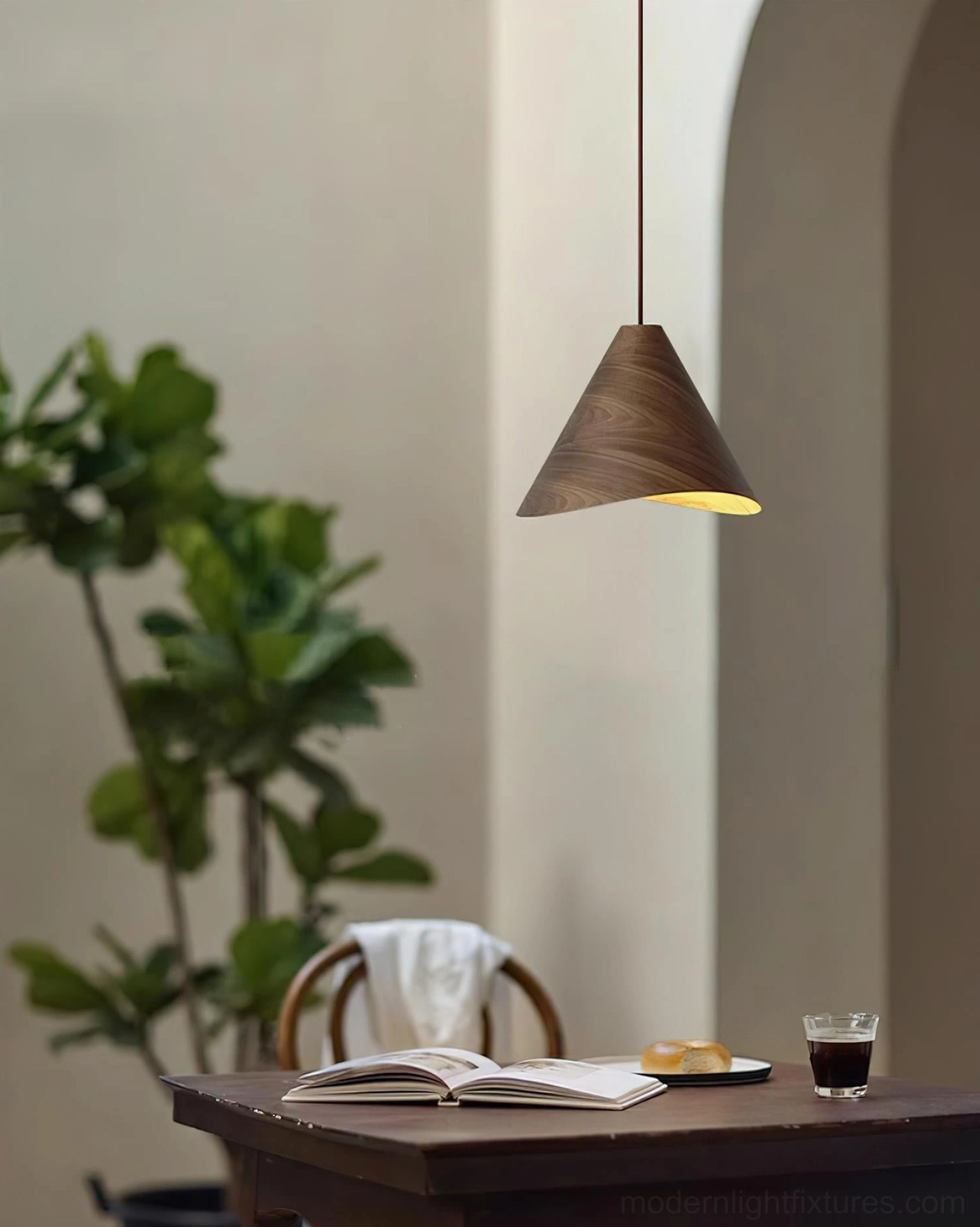 Seven-head cascading Elmira wooden cone pendant light installation in high ceiling contemporary living space