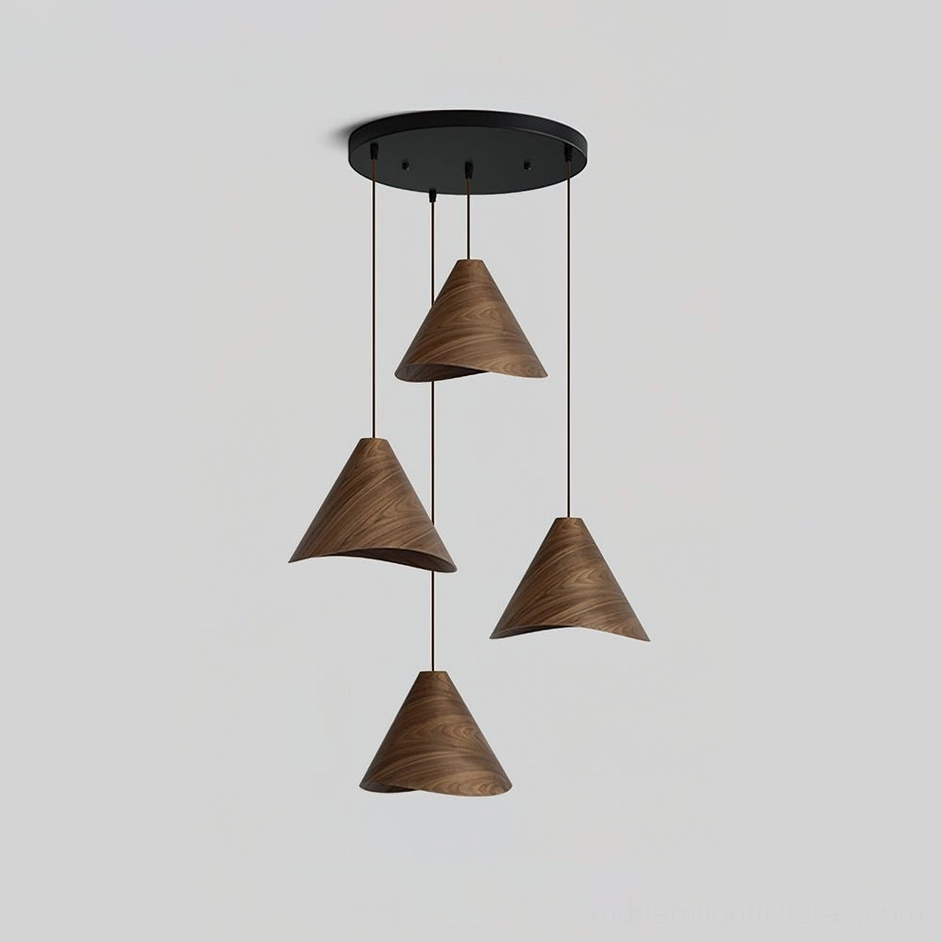 Tall nine-head cascading Elmira wooden pendant light creating dramatic illumination in atrium space