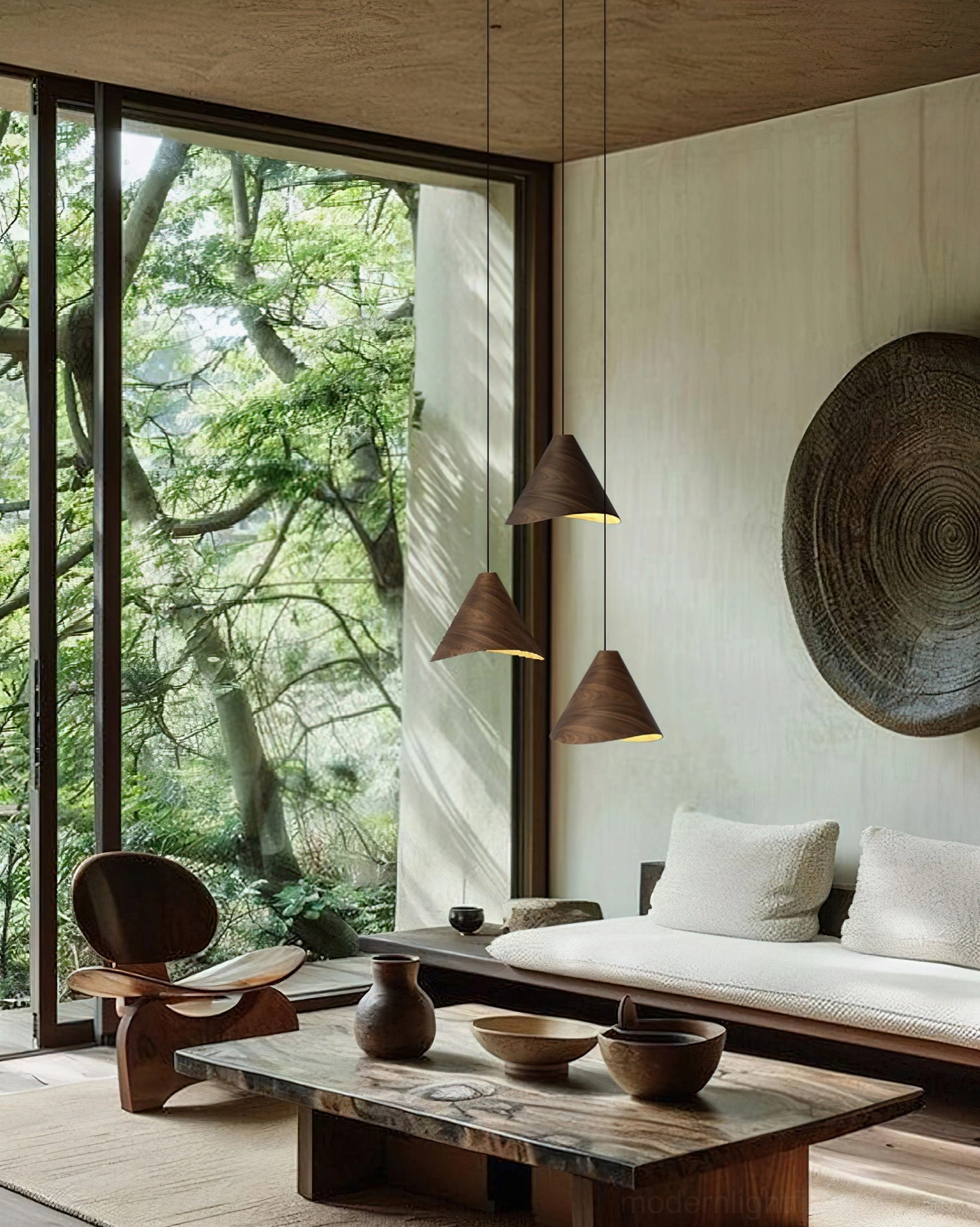 Elmira wooden pendant light close-up detail showing metal hardware and cone wood construction quality