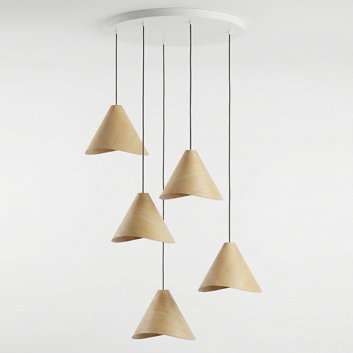 Elmira wooden cone pendant light complete multi-head cluster arrangement in gallery exhibition space lighting