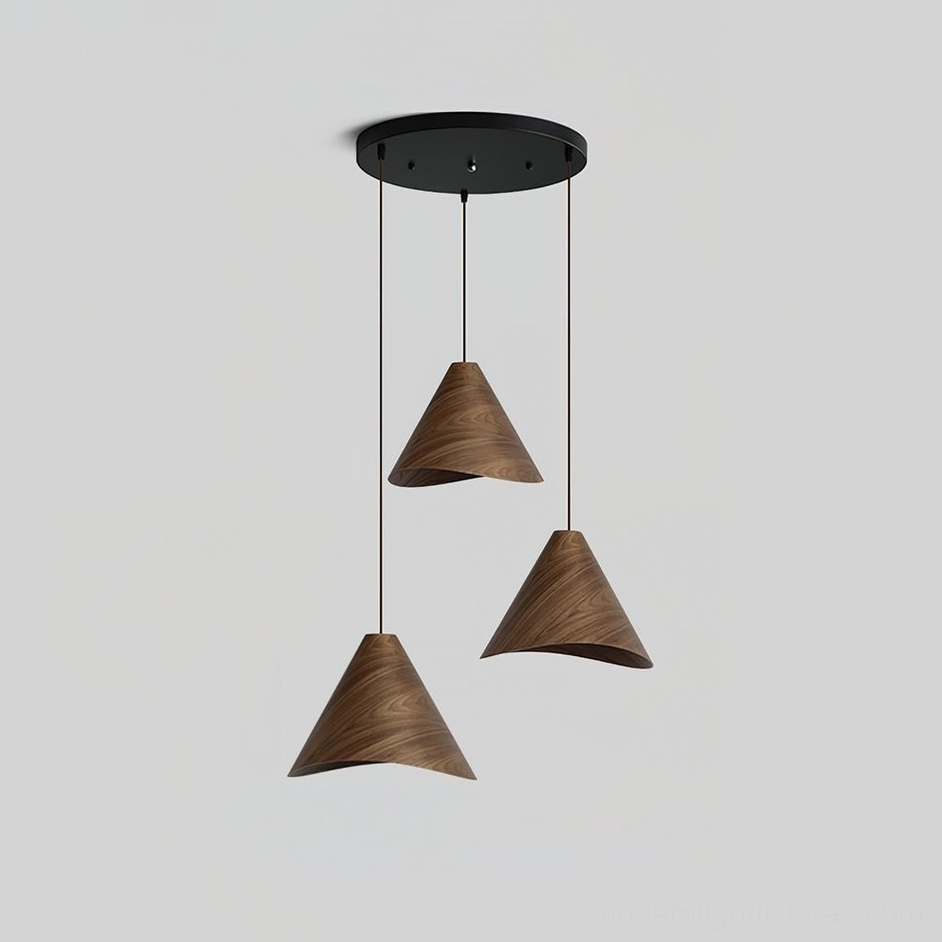 Multiple Elmira wooden cone pendant lights arranged symmetrically above contemporary entryway space