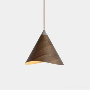 Single cone-shaped wooden pendant lamp with natural wood grain finish, minimalist design shown in studio setting