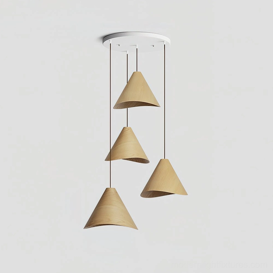 Single Elmira wooden cone pendant light suspended above kitchen island contemporary minimalist design