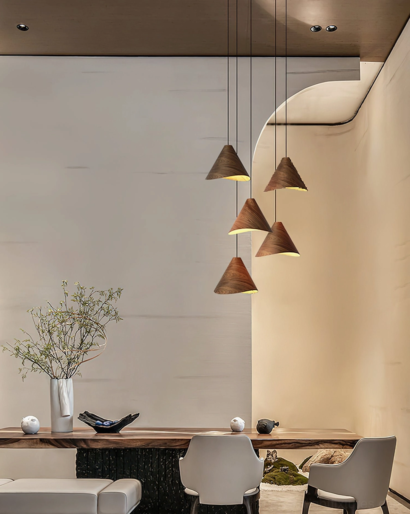 Elmira wooden cone pendant light with white finish in minimalist Scandinavian interior design setting