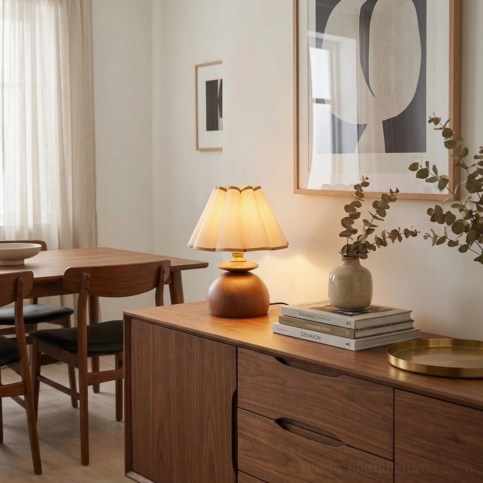 Elmora table lamp architectural pleated shade design with warm wood base complementing retro modern interior decor
