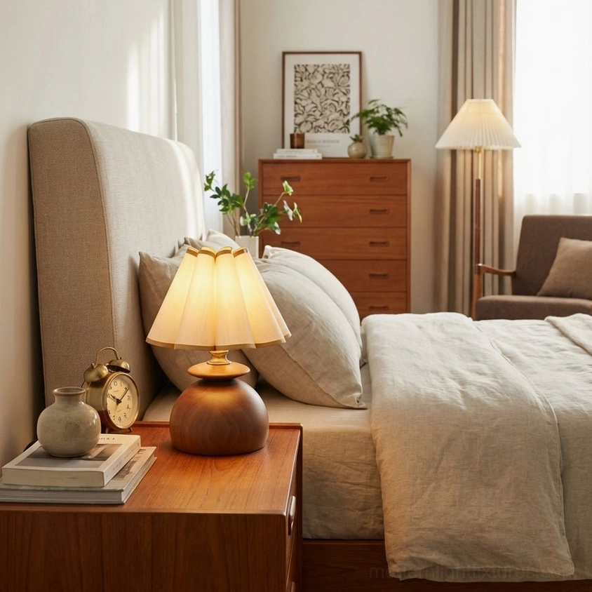 Elmora bedside table lamp close-up with walnut wood base and pleated shade providing warm ambient lighting for bedroom