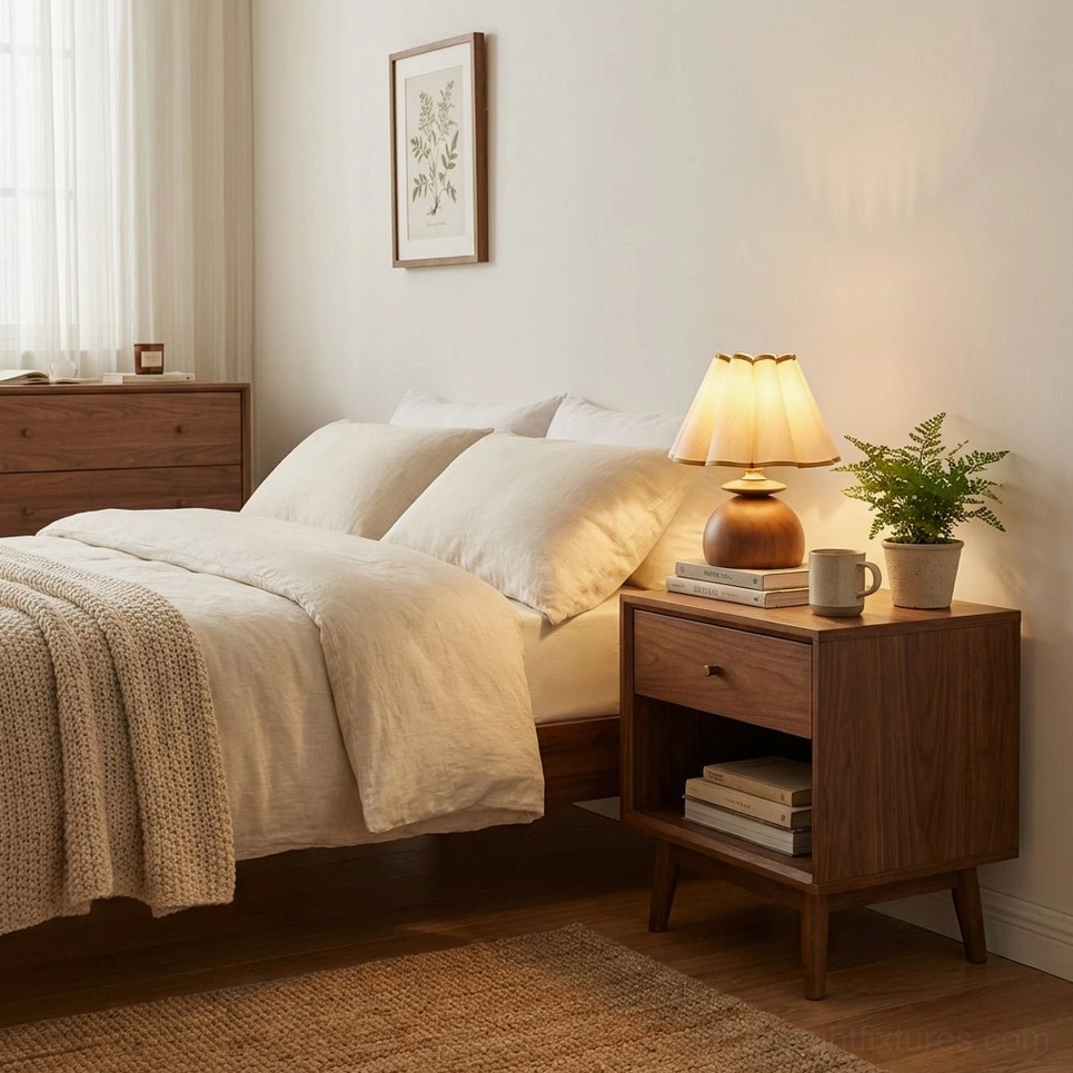 Master bedroom bedside table lamp featuring Elmora with walnut wood base casting warm glowing light on cozy bedding