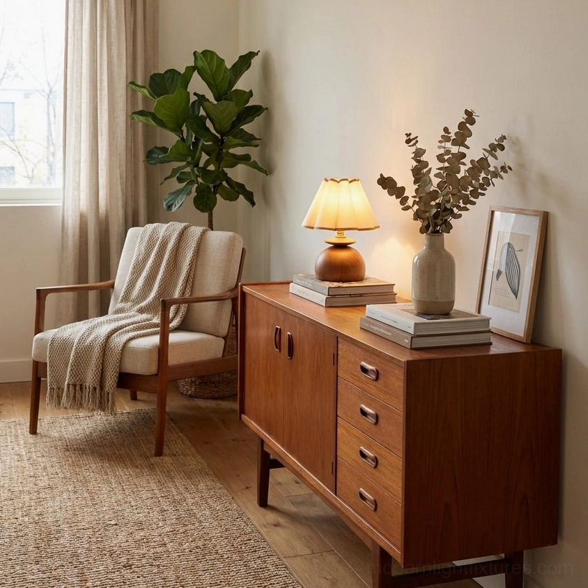 Decorative table lamp in casual living room scene with Elmora retro wooden furniture and green plant accents
