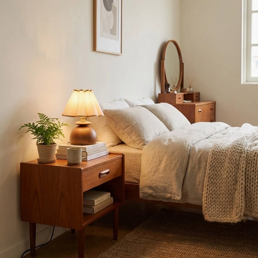 Master bedroom bedside lamp set featuring Elmora mid-century modern table lamp on solid wood nightstands in cozy bedroom interior