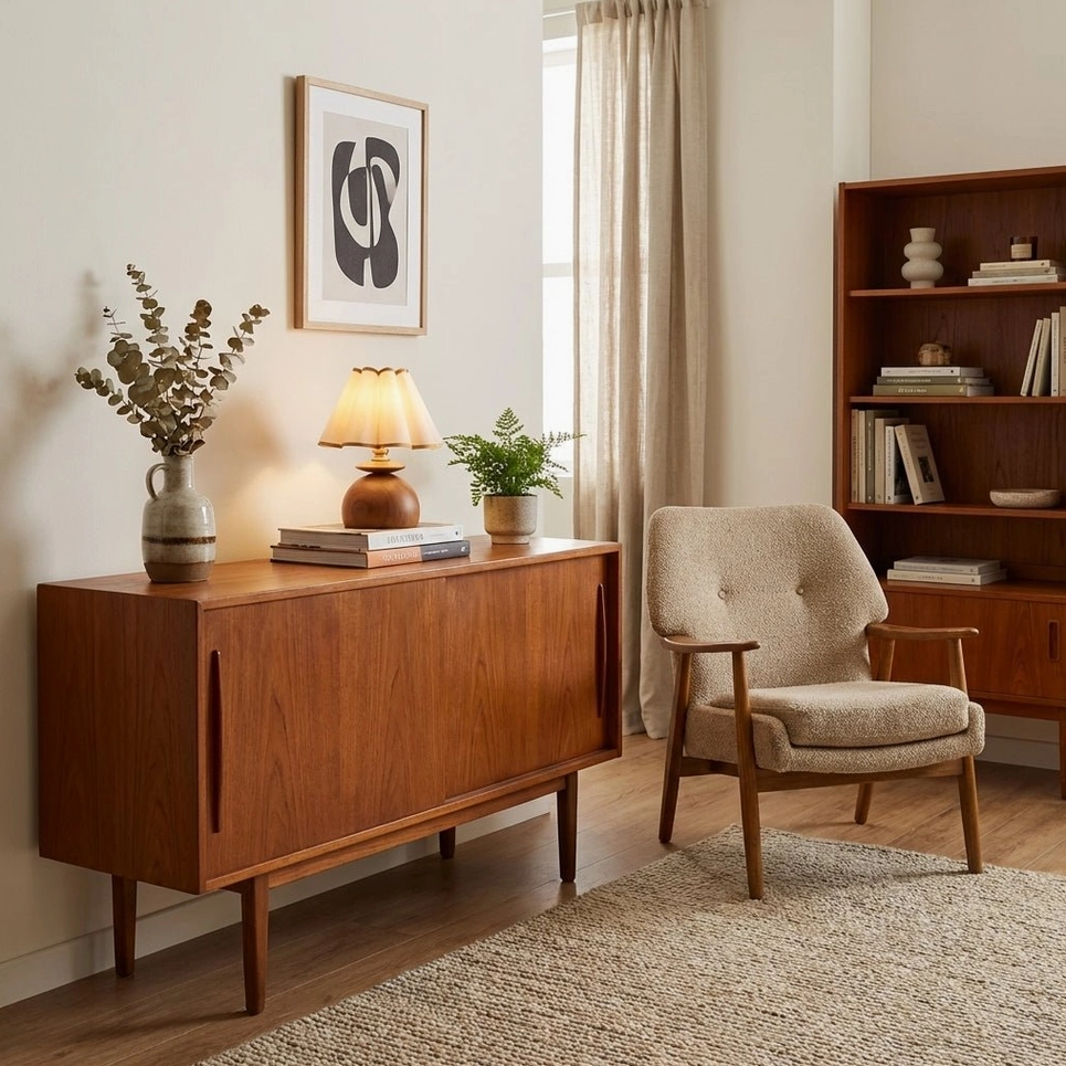 Elmora home furnishing table lamp in retro living room setting with mid-century wooden furniture and warm ambiance
