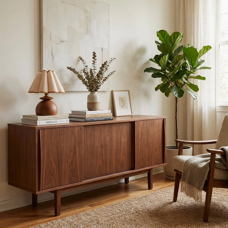 Elmora mid-century modern table lamp with pleated shade and sculptural wooden base styling accent piece