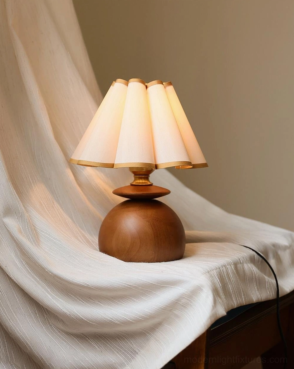 Elmora mid-century table lamp detail view of pleated shade and wood base construction quality materials