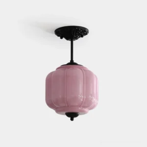 Eloise vintage ribbed glass ceiling light fixture with pink glass shade and black metal hardware - studio front view