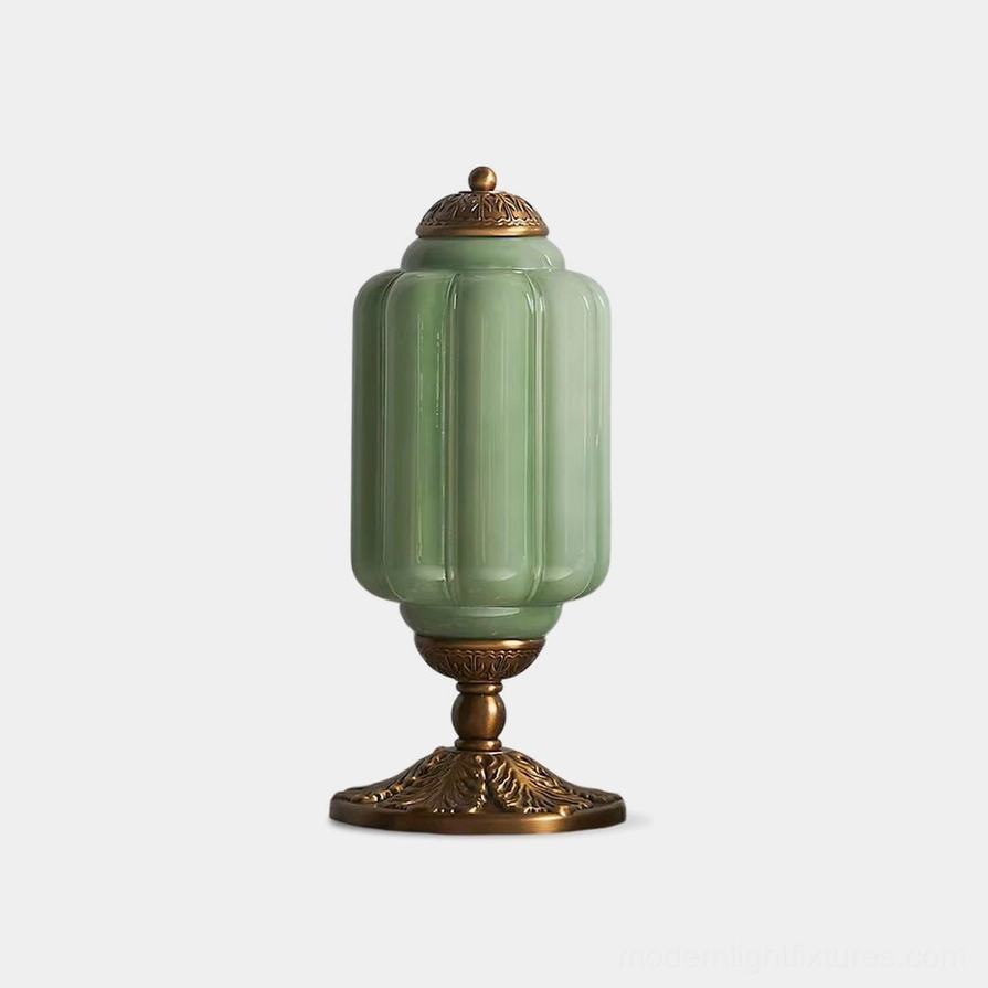 Eloise fluted glass table lamp with emerald green glass and bronze metal hardware - front full view on white background