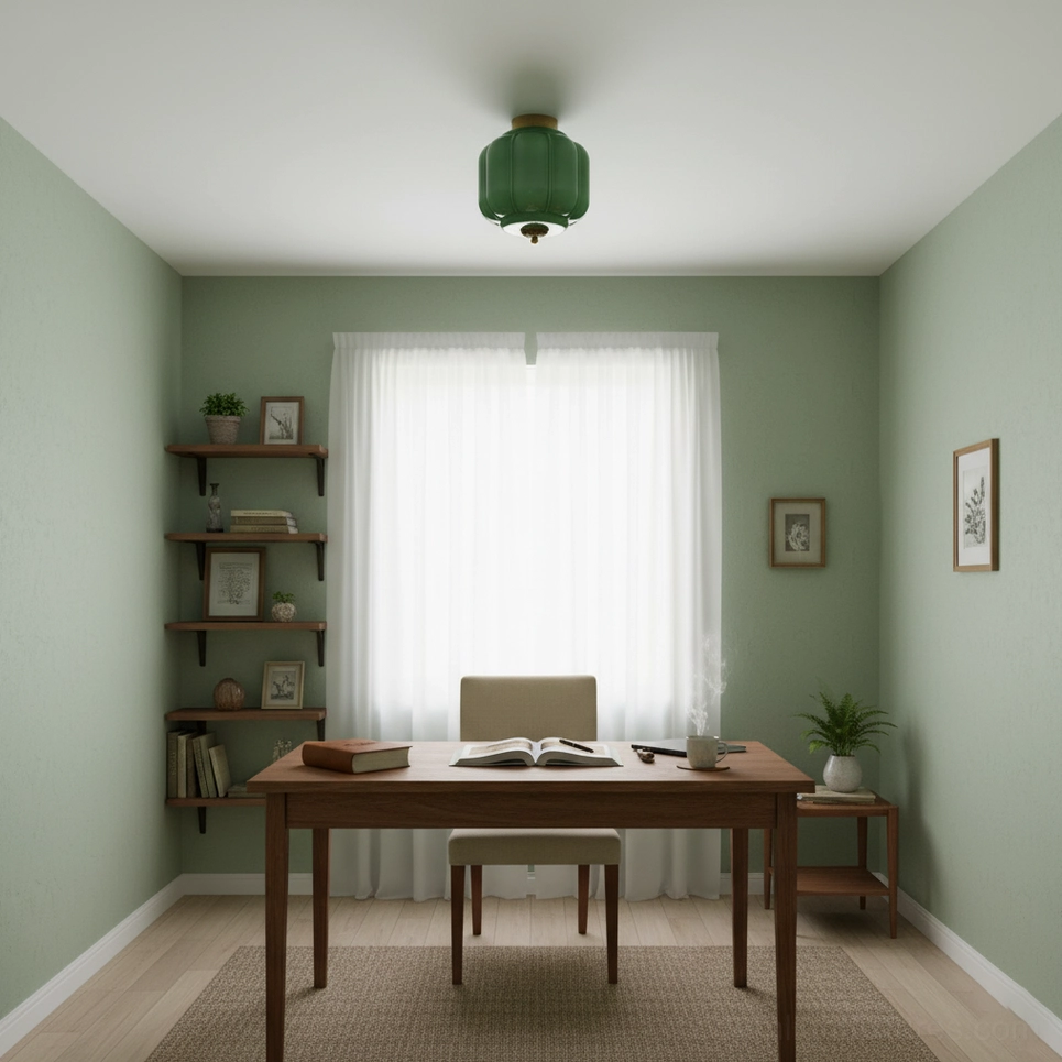 Sage green opaline ceiling light fixture in contemporary home with shelving