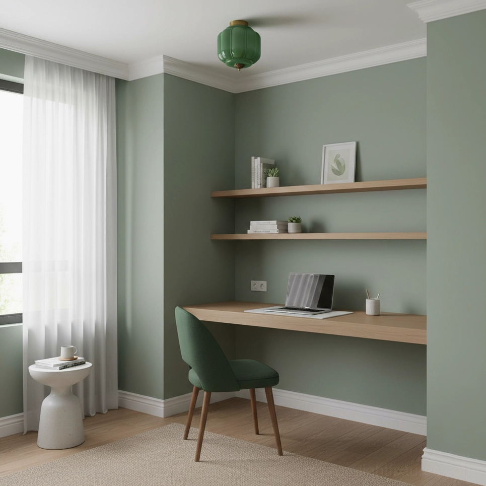 Green opaline glass ceiling light in minimalist home office with desk