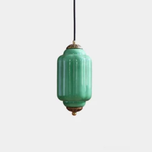 Eloise fluted glass pendant light with green ribbed glass and antique brass hardware - frontal studio view