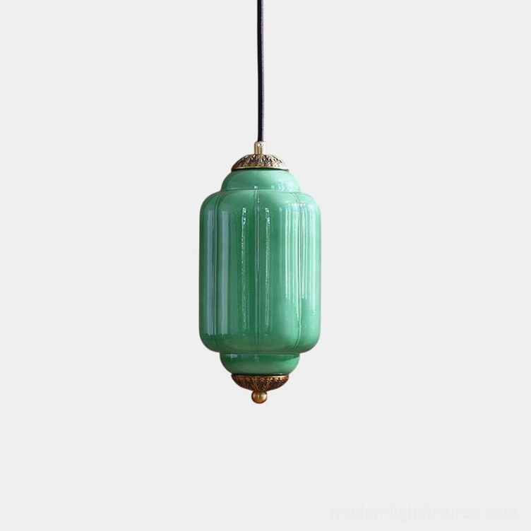Eloise fluted glass pendant light with green ribbed glass and antique brass hardware - frontal studio view