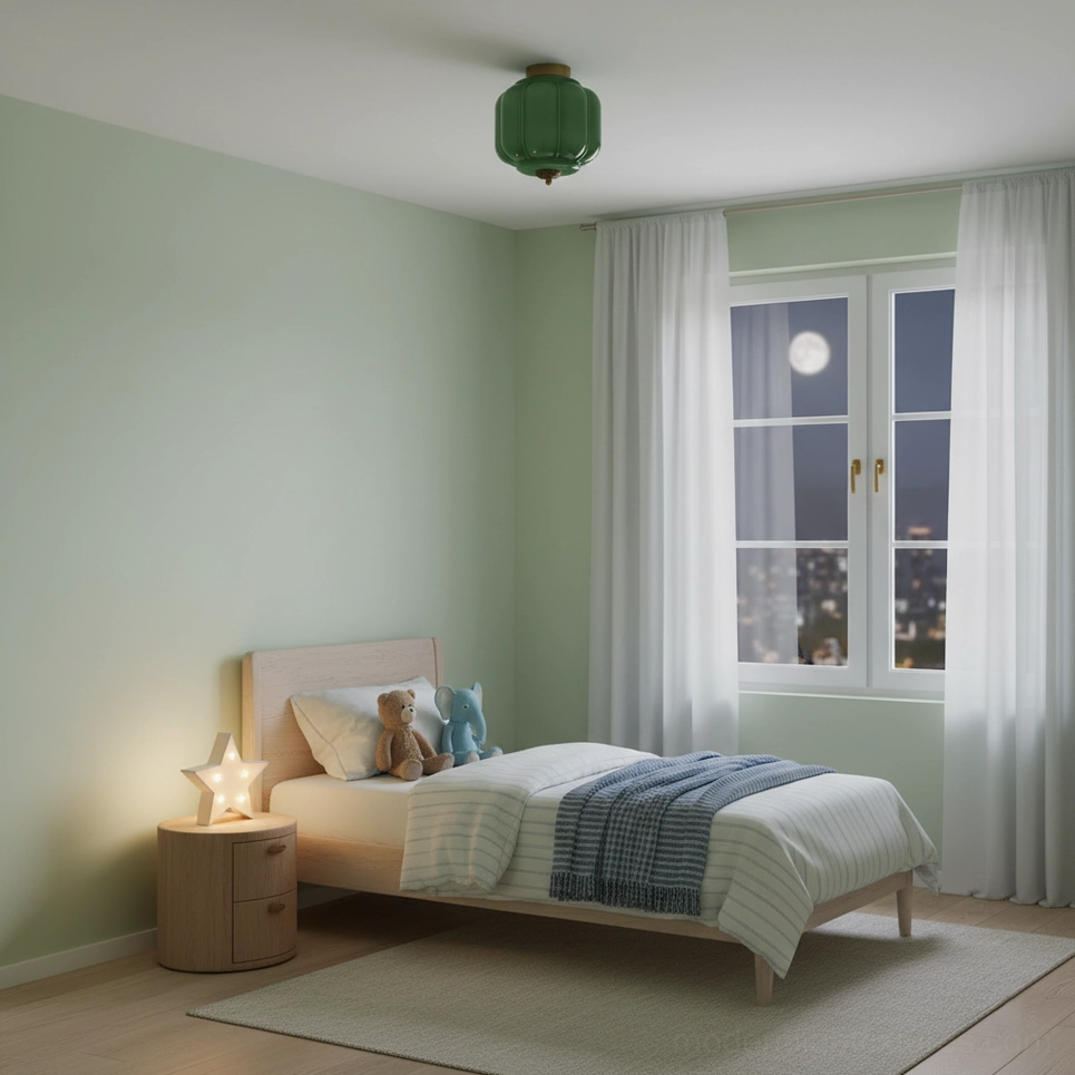 Jade green opaline ceiling light fixture in cozy bedroom ambiance