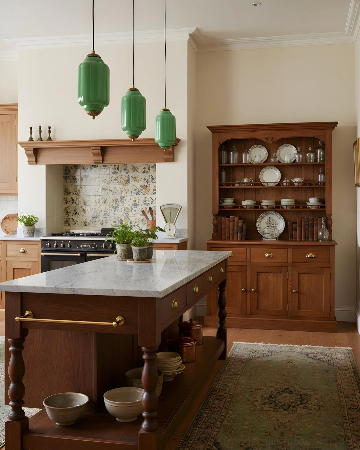 Three green fluted glass pendant lights with bronze hardware traditional kitchen interior