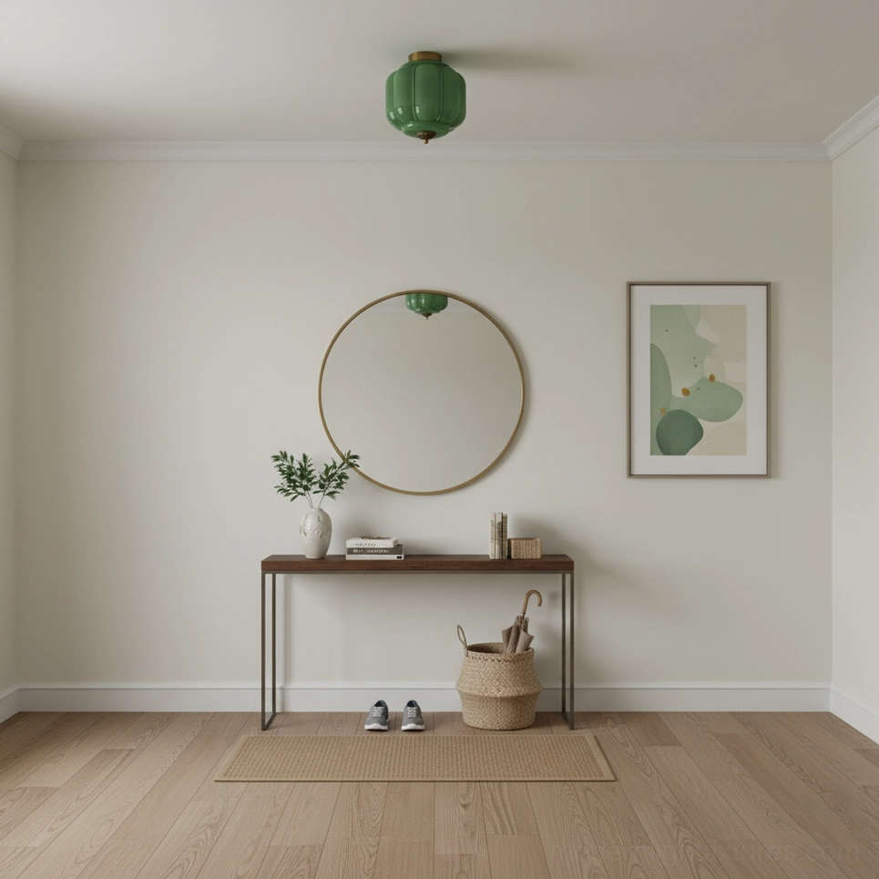Dark green opaline ceiling light installed in modern minimalist entryway