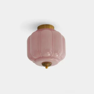 Eloise opaline glass ceiling light fixture with ribbed shade and brass accents front view